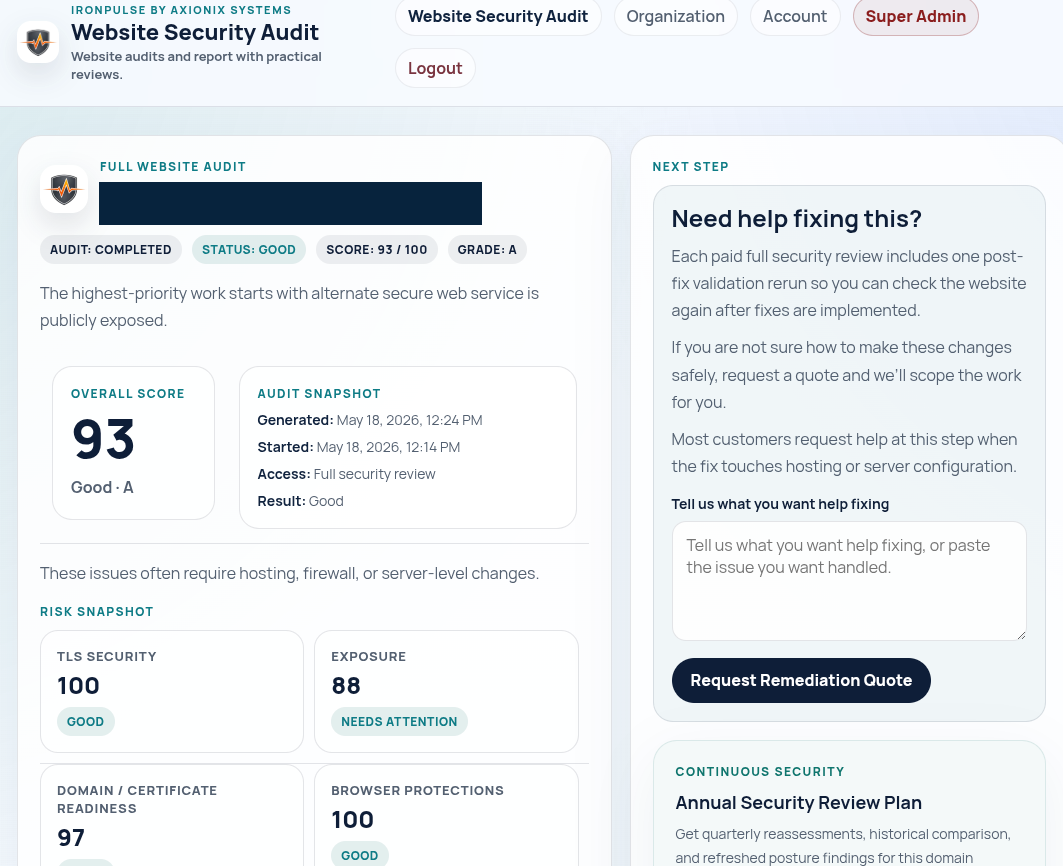IronPulse Security Assessment Dashboard screenshot