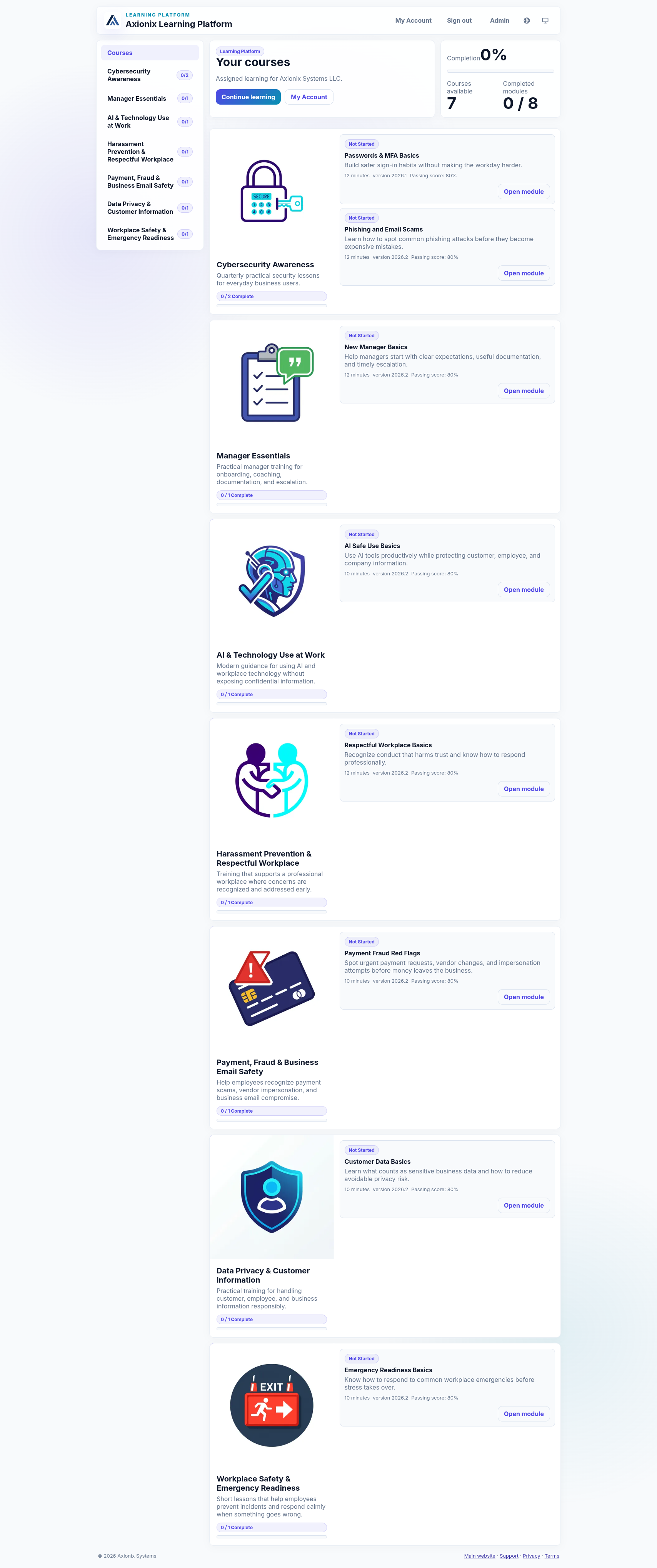 Axionix Learn courses dashboard screenshot