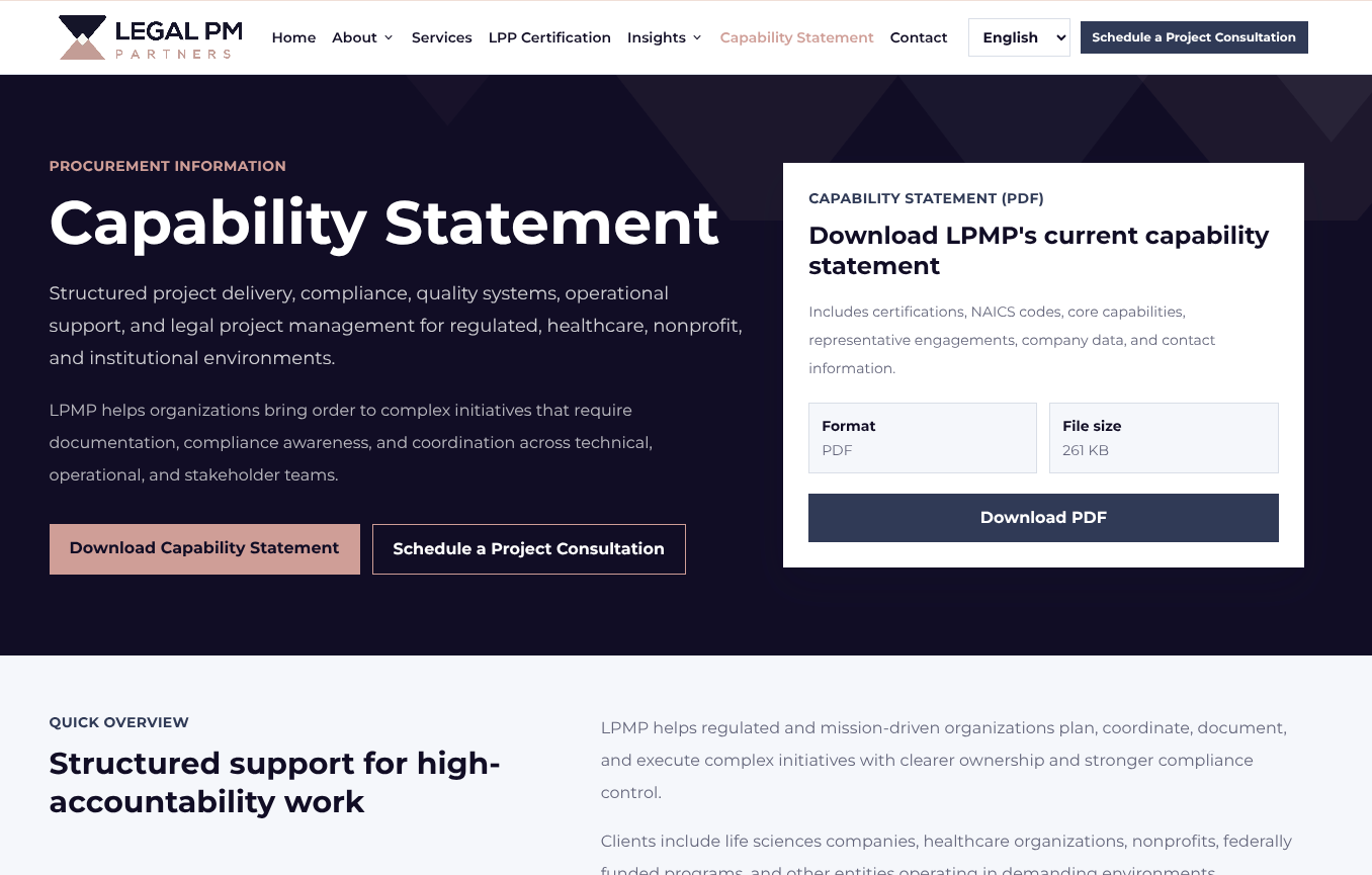 Legal Project Manager consulting site dashboard screenshot