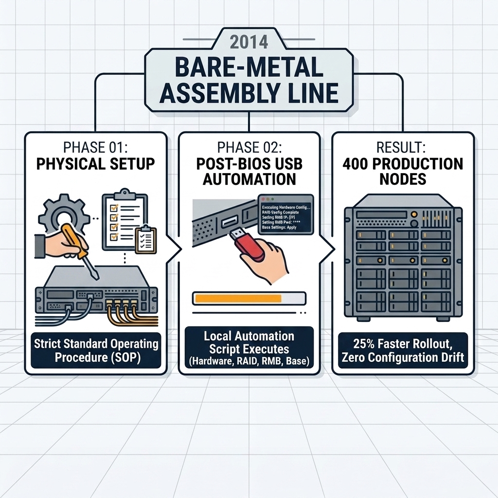 Infographic detailing the 2014 bare-metal server deployment assembly line and post-BIOS USB automation process for RAID and Remote Management Board configurations