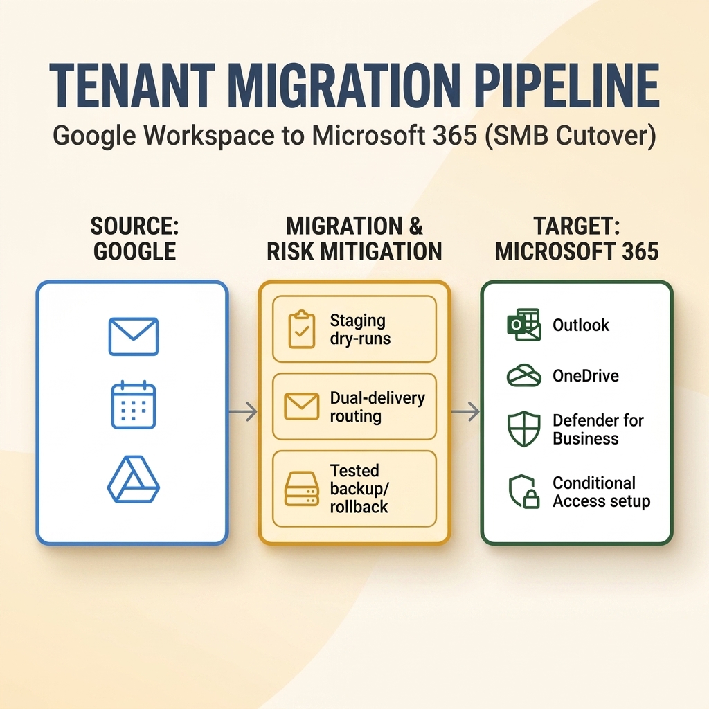 Infographic detailing the Google Workspace to Microsoft 365 tenant migration pipeline, highlighting staging dry-runs, dual-delivery routing, tested backups, Defender for Business, and Conditional Access setup