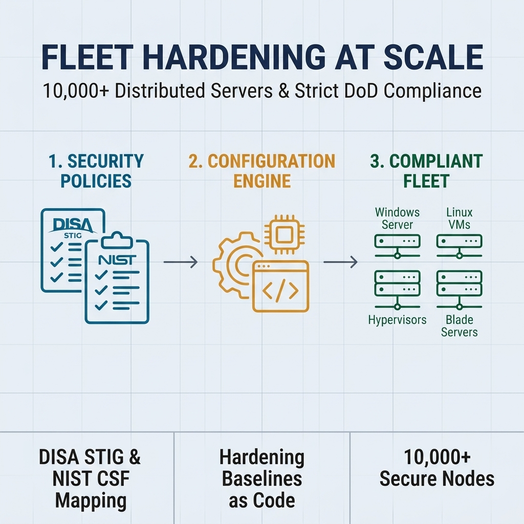 Infographic detailing the 10,000+ server fleet hardening process pipeline using DISA STIG and NIST CSF baselines as code for Windows and Linux servers