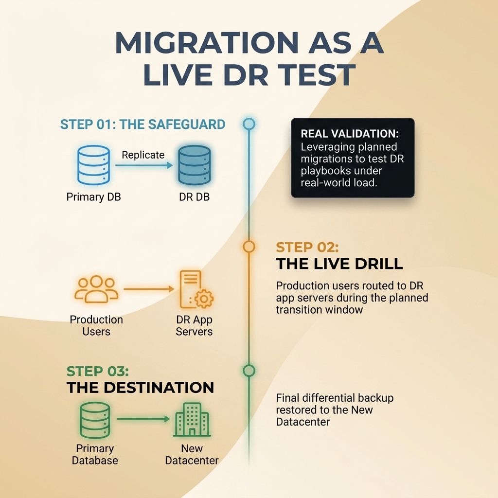 Infographic detailing datacenter migration as a live disaster recovery validation test